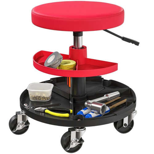 Rolling Workshop Stool with Trays, Adjustable Height 40-51cm, 135kg Capacity