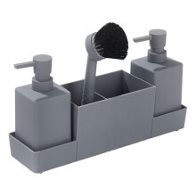 (Gray) Keukenopbergrek met zeepdispenser en sponshouder, waterdicht plastic, voor bij de gootsteen, zwart.