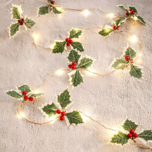 Vánoční listové světýlka červená bobule 2m 20-LED na baterie
