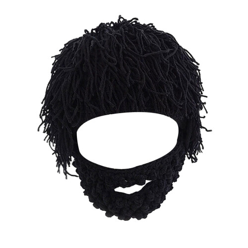 Gestrickte Bartmütze, Wintermütze, Kälteschutzmütze, Schwarz, Größe L