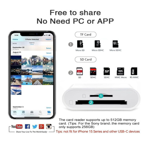 El lector de tarjetas SD con interfaz Lightning es compatible con tarjetas SD y MicroSD. 1