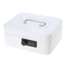 (White) Metal Cash Box with Combination Lock, Removable Cash Tray, Stainless Steel Carry Handle, Multiple Sizes and Colors