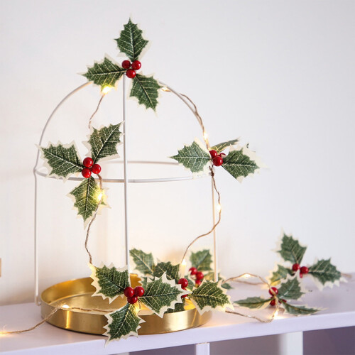 Christmas LED String Lights with Leaves and Red Fruit 20ft 2