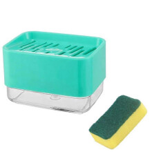 (Cyan) Zeepdispenser met sponshouder voor de gootsteen, kunststof, inhoud 385 ml