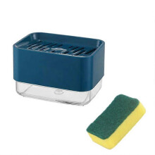 (Blue) Zeepdispenser met sponshouder voor de gootsteen, kunststof, inhoud 385 ml