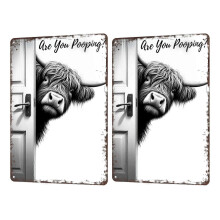 (Color 2, S) Vintage Highland Cow Metal Wall Sign with Humorous Quote for Bathroom Western Decor