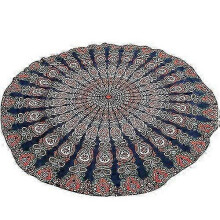 (Khaki) Ronde strandhanddoek van chiffon met pauwenveren- en bloemenprint, geschikt als yogamat of plaid, 150 cm