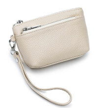 (Beige) Women's Leather Coin Purse, Solid Pattern, Zipper Change Wallet with Key and Credit Card Holder, for Daily Storage