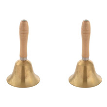 2X Campana de Mano de Laton de Macizo de Manija de Madera para Decoracion de Escuela, Cena, Tienda, Etc de Color Oro