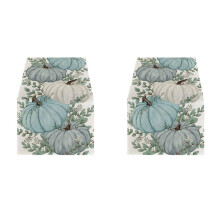 2X Fall Eucalyptus Leaves Pumpkins Table Runner, Autumn Thanksgiving Kitchen Dining Table Decoration for Indoor A