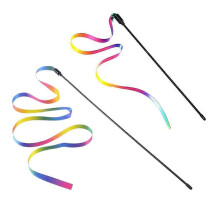(60cm and 120cm) Cat Teaser Wand with Feather, Rainbow Strips, 60cm/120cm Stick, Compatible with Cats Interactive Toys