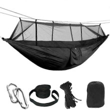(black) Hangmat met muggennet, 260x140 cm 210T nylon, inclusief bevestigingsriemen, lichtgewicht voor kamperen en buitenactiviteiten
