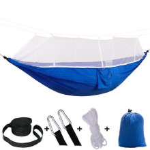 (blue white) Hamaca exterior con mosquitera, nailon 210T 260 x 140 cm, ligera portátil para camping senderismo viajes playa jardín