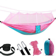 (pink light blue) Hangmat met muggennet, 260x140 cm 210T nylon, inclusief bevestigingsriemen, lichtgewicht voor kamperen en buitenactiviteiten