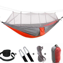 (greyorange red) Hamaca exterior con mosquitera, nailon 210T 260 x 140 cm, ligera portátil para camping senderismo viajes playa jardín