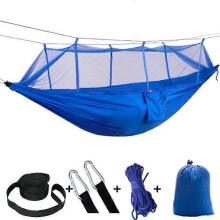 (blue) Hamaca exterior con mosquitera, nailon 210T 260 x 140 cm, ligera portátil para camping senderismo viajes playa jardín