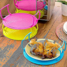 (Pink) Microwave Oven Steaming Rack, Foldable Tripod, Plastic Storage Rack for Microwave Refrigerator Tabletop