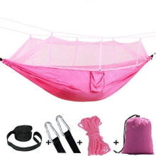 (pink) Hamaca exterior con mosquitera, nailon 210T 260 x 140 cm, ligera portátil para camping senderismo viajes playa jardín