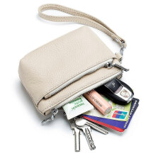 (Pink) Women's Leather Solid Pattern Coin Purse, Zipper Closure Small Change Holder with Credit Card Slots