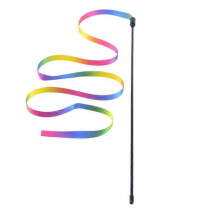 (1pcs) Cat Teaser Wand with Feather, Rainbow Strips, 60cm/120cm Stick, Compatible with Cats Interactive Toys