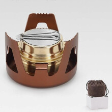 Fornello ad alcool leggero in ottone con inserti in alluminio. Ideale per campeggio, escursionismo e trekking. Colore marrone.