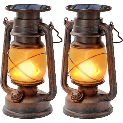 2 Pack Vintage Solar Lantern LED Flame Effect Waterproof Outdoor Camping Light