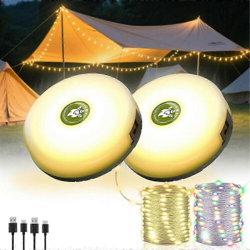 2Pack Camping String Lights 4-in-1 Quick Storage Rechargeable 8Mode 32.8FT Hanging Tent Lights
