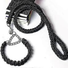 (Black, XL) Dog Collar and Leash Set, 8-Strand Nylon Braided, Adjustable, Alloy Buckle, Bite Resistant, for Medium and Large Dogs