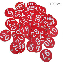 (Red) Plastic Numbered ID Tags 1-100 Engraved, 1.38in Round Colour Tags for Organisation, Key Rings, Lockers, Pet Collars