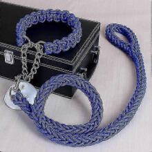 (Blue, M) Dog Collar and Leash Set, 8-Strand Nylon Braided, Adjustable, Alloy Buckle, Bite Resistant, for Medium and Large Dogs