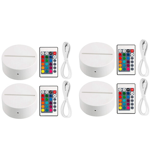 4 Pack 3D Night LED Light Lamp Base + Remote Control + USB Cable, 16 Colors Light Show Display Stand for Acrylic White