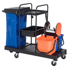 Chariot de nettoyage à 3 niveaux avec presse à balai, 2 seaux de 18 L, sac à déchets et roues