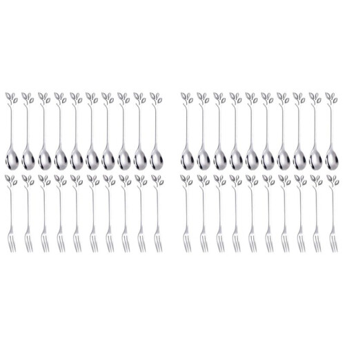 Dessert Spoon Fork Set,20 Pcs 4.7 Inch Cake Fork,Coffee Spoon, Silver Leaf Fruit Fork,(20 Spoon + 20 Fork)