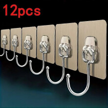 12 Pcs Ultra-Strong Adhesive No-Drill Hooks, Transparent Invisible Reusable Wall Hooks for Kitchen Bathroom Ceramic Walls, Hang Towels Cookware Bath A