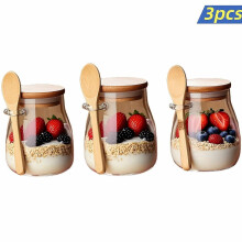 (4pcs 340ml 11.96oz) Glass Jar Set 11.96oz with Bamboo Lid and Wooden Spoon, Overnight Oatmeal Container for Meal Prep, Yogurt, Salad Bowls