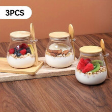 (3pcs 340ml 11.96oz) Glass Jar Set 11.96oz with Bamboo Lid and Wooden Spoon, Overnight Oatmeal Container for Meal Prep, Yogurt, Salad Bowls