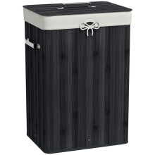 Panier Ă linge pliable en bambou 72 L avec couvercle, sac Ă linge en toile, noir