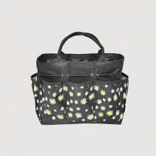 (Black Print) Daisy Print Garden Tool Storage Bag, Portable Handheld Organizer with Multiple Compartments for Gardening and Household Tools