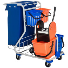 Schoonmaakwagen met 2 emmers van 18 liter en 2 emmers van 6 liter, dweilpers en opbergmand.