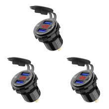 3X Quick Charge 3.0 Dual 12V USB Car Charger, Aluminum Socket with Button and Red Digital Voltmeter, Waterproof