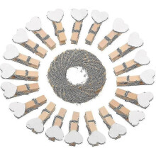 Heart Pegs,100pcs Mini Wooden Clothespins, White Photo Paper Clips with 30 Meters Jute A