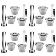 Capsules Reusable, Stainless Steel, 12 Pieces Refillable Pads for + 4 Tamper + 4 Spoon + 4 Brush