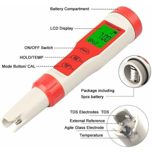 Digital pH tester - 0.01 pH resolution - 0-14 pH range - 4-in-1 function: pH/EC/TDS/temperature 1