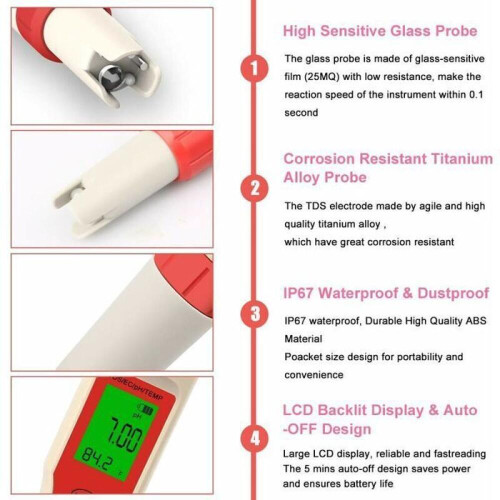 Digital pH tester - 0.01 pH resolution - 0-14 pH range - 4-in-1 function: pH/EC/TDS/temperature 2
