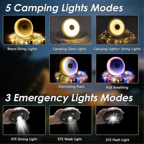 2Pack Camping String Lights 4-in-1 Quick Storage Rechargeable 8Mode 32.8FT Hanging Tent Lights 2