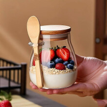 (1pcs 340ml 11.96oz) Glass Jar Set 11.96oz with Bamboo Lid and Wooden Spoon, Overnight Oatmeal Container for Meal Prep, Yogurt, Salad Bowls