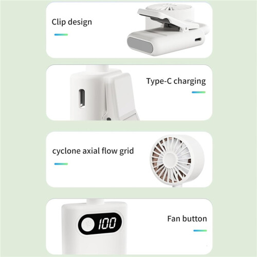Groene USB ventilator, digitaal display, draagbaar en stil