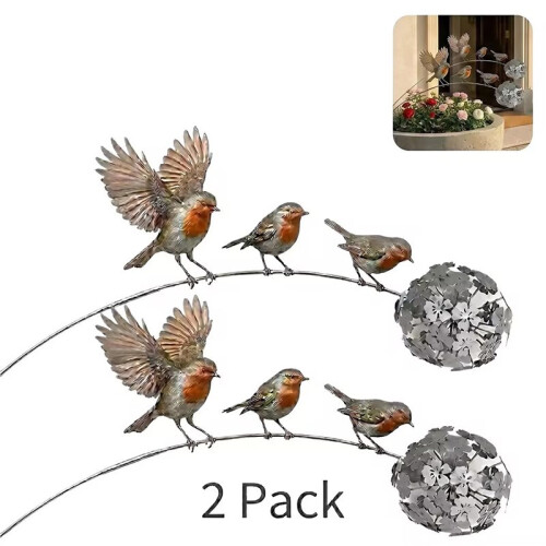 2 Pack Robins Garden Stake Rustic Bird Yard Art Decor with Dandelions Accent 1