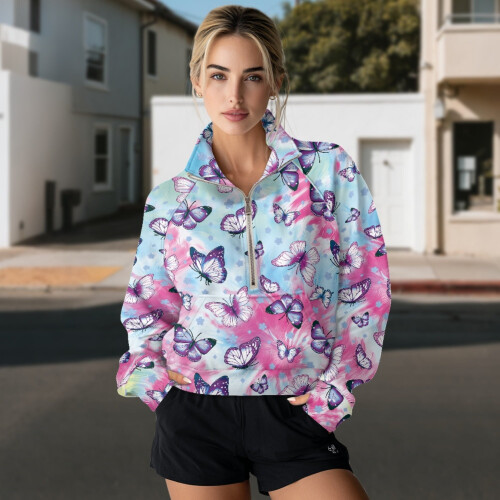Women's Oversized Cropped Quarter-Zip Sweatshirt with 2