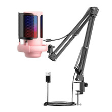 RGB Gaming Microphone With Boom Arm USB PC Mic for Podcasts Videos, Streaming Compatible with PS4/5/PC Pink